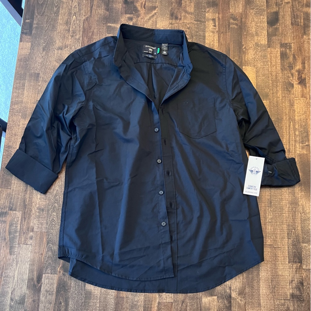 Dockers NWT Men Lg Black Classic Fit Long Sleeve Signature Comfort Flex Shirt